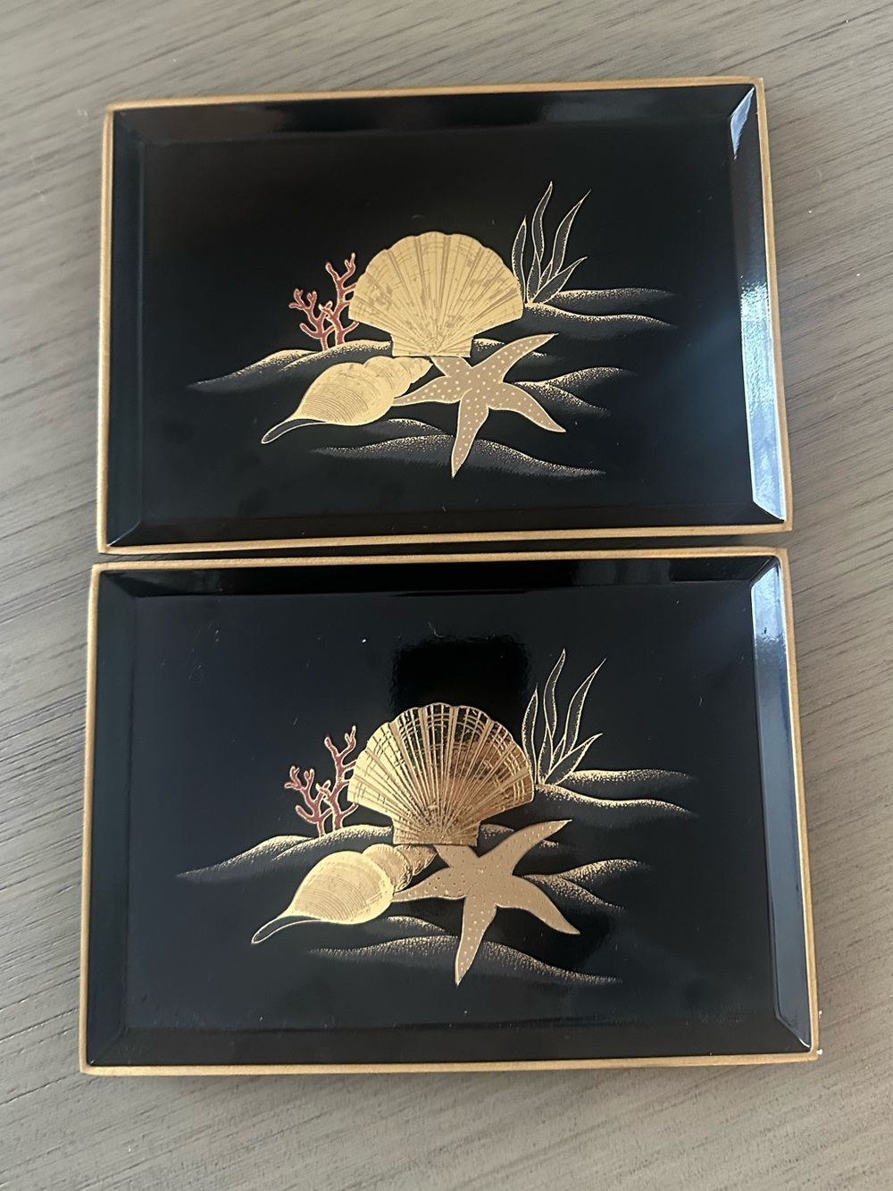 Otagiri Black Lacquer Trinket Trays with Gold Shell Motif set of 2